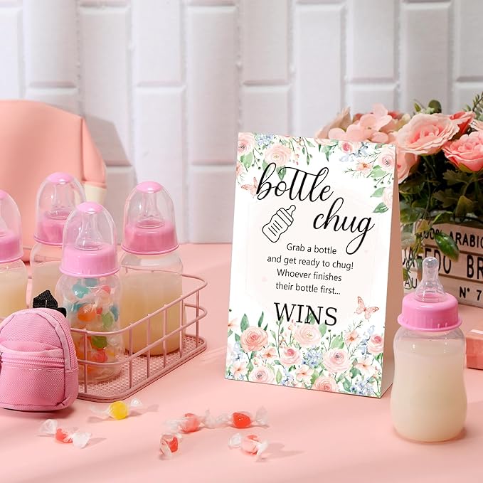 TrelaCo Bottle Chug Baby Shower Game 20 Pcs Baby Bottles Shower Favor with 1 Flowers Theme Sign for Gender Reveal Party Supplies Gifts(Pink)