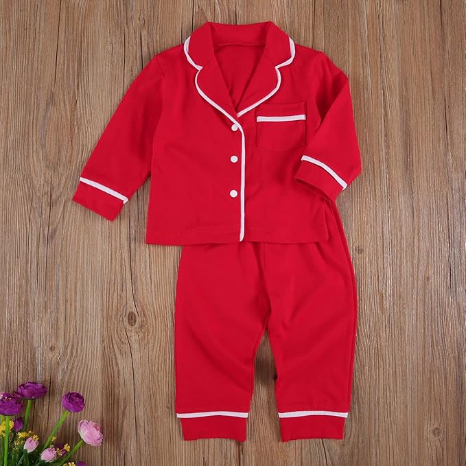 Toddler Kids Baby Girl Solid Pjs Ruffle Long Sleeve Button Shirt Top and Pants Cotton 2Piece Pajamas Set