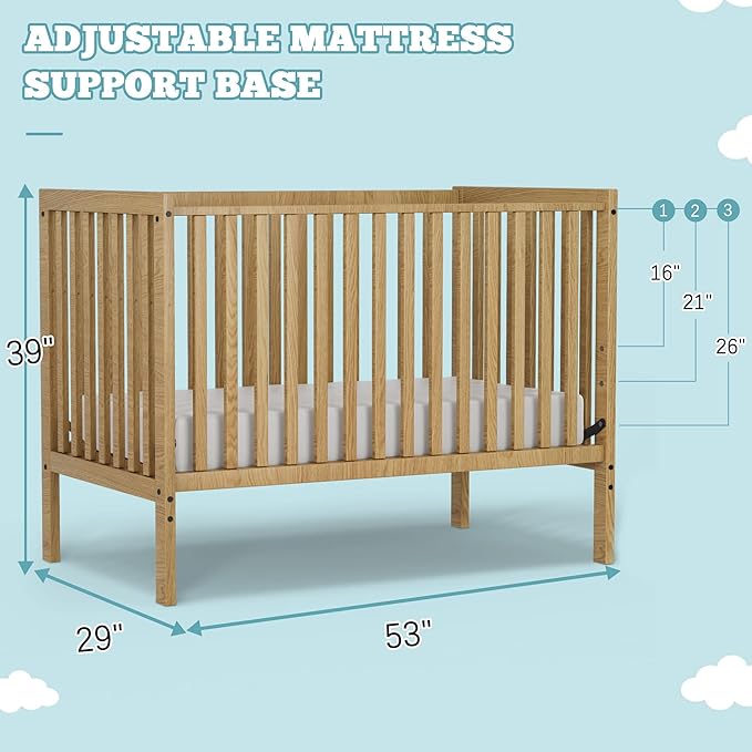 Baby Crib 5-in-1 Convertible, Wood Full Size Toddler Bed for Small Baby, Made of Sustainable Natural Pinewood Cribs, Non-Toxic Finish, Simplistic Nursery Furniture (Natural)