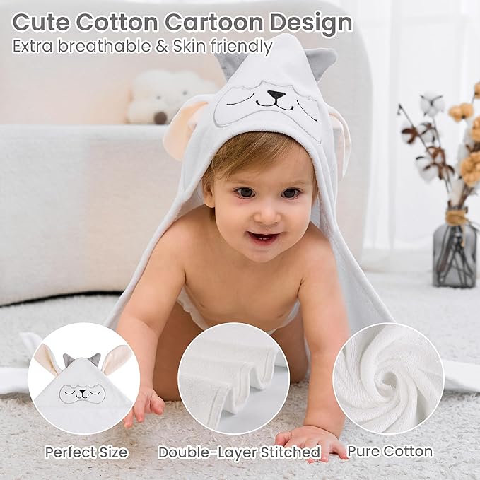 Mooreeke 1 Pack Toddler Towel - 100% Cotton Toddler Hooded Towels - Soft Baby Bath Towel with Hood for Newborn - Comfort Towels for Baby Girls and Boys - Animal Shaped (Lamb)