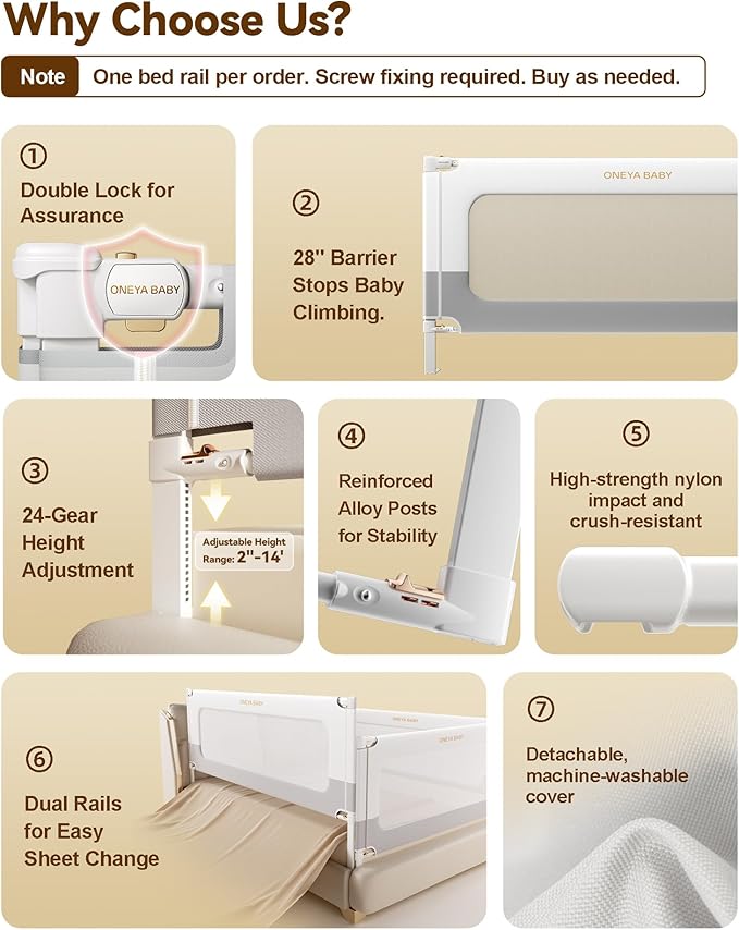 Baby Bed Rail Guard for Toddlers, Reinforced 54in Toddler Bed Rails for Full Bed with Height Adjustable, Extral Tall Child Safety Side Railing Guards/Bedrail for Kids, White/Grey, 1 Side 54" Lx28 H