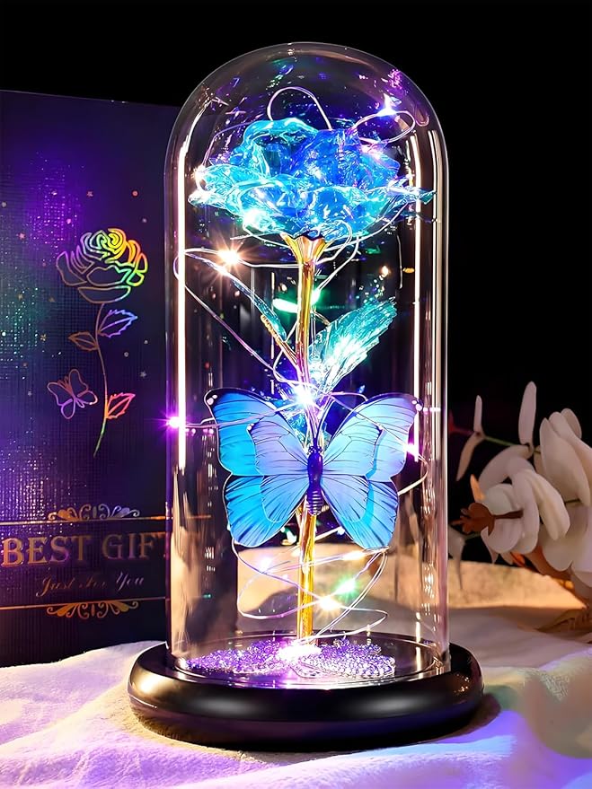 DEEMEI Birthday Gifts for Women Blue Rose Eternal Flower Light Up Rose in Glass Dome with Butterfly, Flowers for Delivery Prime Anniversary Grandma Mom Gift Wife Girlfriend