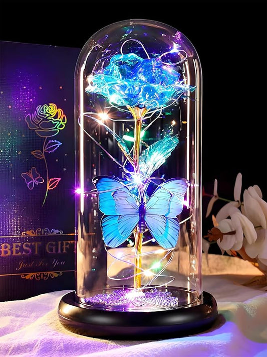 DEEMEI Birthday Gifts for Women Blue Rose Eternal Flower Light Up Rose in Glass Dome with Butterfly, Flowers for Delivery Prime Anniversary Grandma Mom Gift Wife Girlfriend