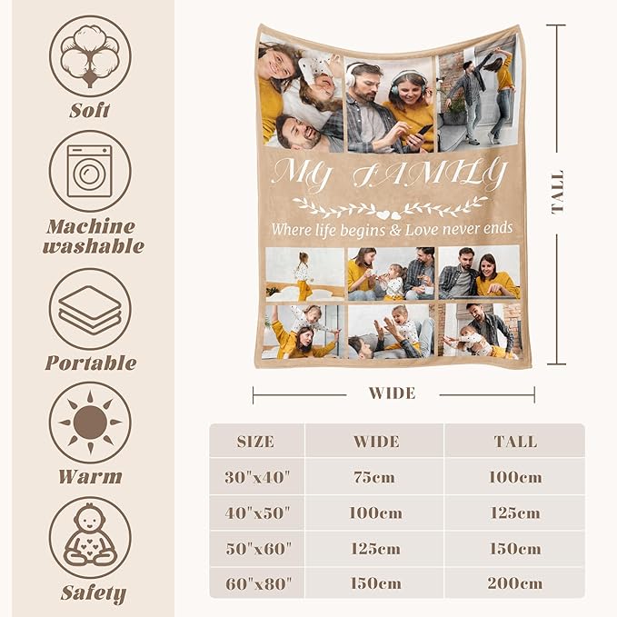 Custom Personalized 9 Photo Collage Blanket Thow Gifts with Text, Customized Pictures Blankets Gift for Christmas Birthday Thanksgiving Adults Kids Dad Mom Girlfriend Boyfriend (9 Family)