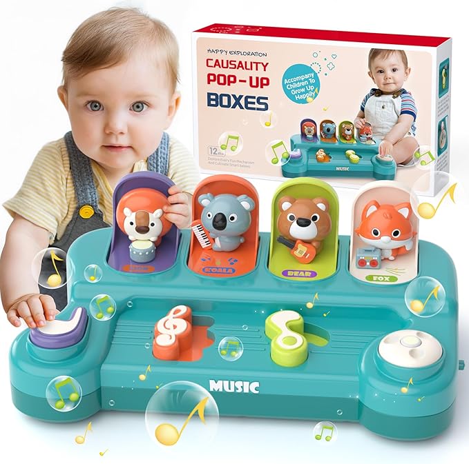 Montessori Toys for 1 Year Old Boy Girl, Early Learning Baby Musical Toys 6-9-12-18 Month, Cause & Effect Interactive Pop up Animal Toy with Music, STEM Birthday Gift for Toddler Toys Age 1-2