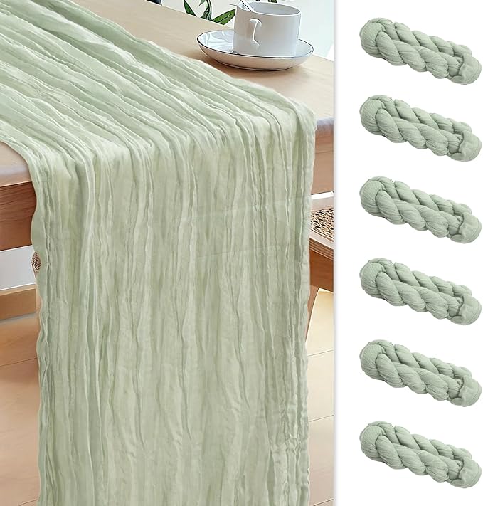 Le courant 6pcs 10Ft Cheesecloth Table Runner, Rustic Boho Gauze Cheese Cloth Runner Table Runner for Weddings Bridal Baby Shower Birthday Holiday Parties Home Decor, Sage Green