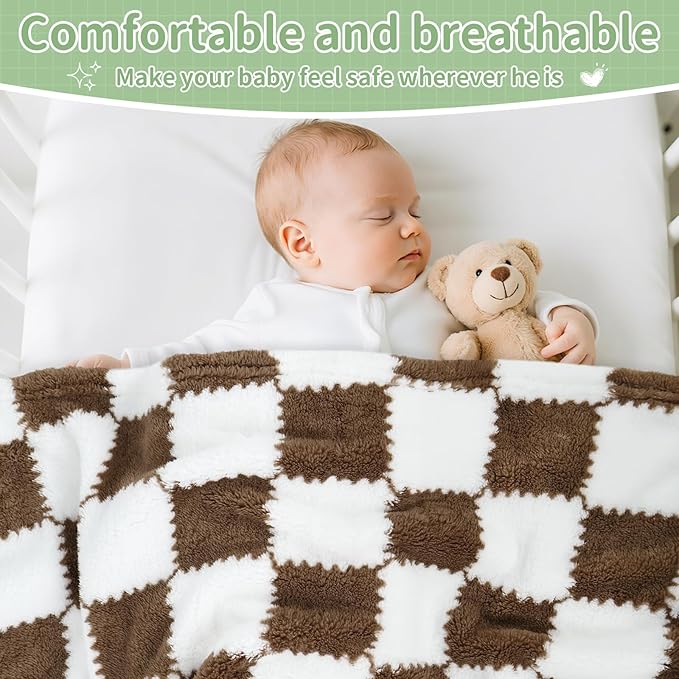 Checkered Baby Blanket for Boys Girls, 2 Pack Soft Baby Boy Girl Blankets, Small 28 x 40 inches Toddler Fleece Blanket, Essentials Crib Stroller Items, Newborn Gift (Coffee)