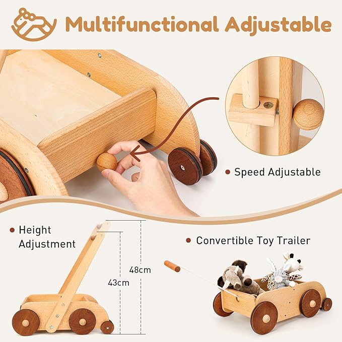 Wooden Baby Walker, Adjustable Speed Anti-Rollover Push Walker Toy for Babies Learning to Walk, Natural Wood Toddler Push and Pull Toys Wagon Birthday Toy for Boy Girl 1-3(Patent Protection)