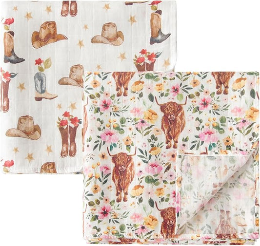 ittle Jump Muslin Swaddle Blankets for Boys Girls, 2 Pack Receiving Baby Blanket Large 47 x 47 inches, Soft Breathable Swaddling Wrap for Unisex Newborn (2 Pack Cow Girls)