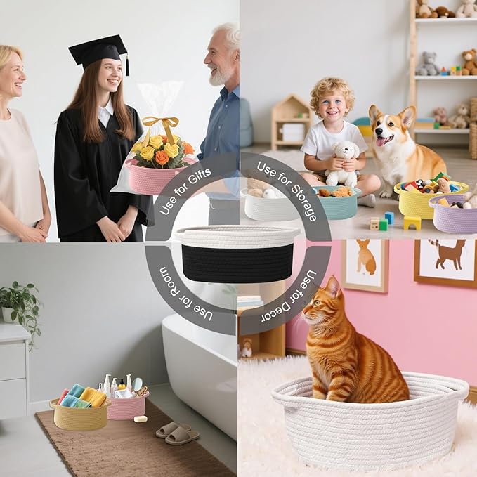Gift Basket with Gift Bag and Ribbons,Small Rope Woven Shelf Storage,Baskets for Gifts Empty,Birthday,Shower,Decorative Organizer Box for Cat Dog Pet with Handles(White&Black)