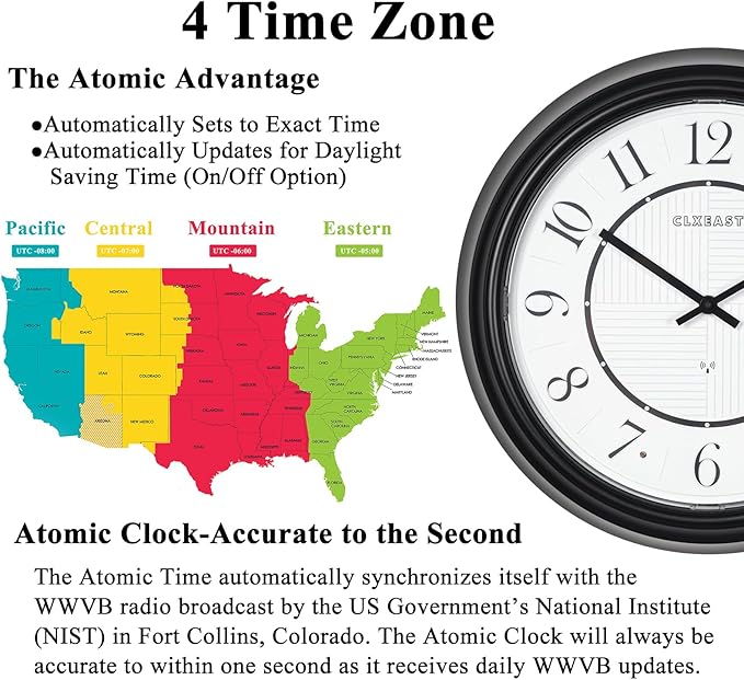 CLXEAST 14 Inch LED Illuminated Indoor Outdoor Atomic Analog Wall Clock Battery Operated, Glow in The Dark Wall Clock for Living Room, Home Office,Bathroom,Kitchen,Oil Rubbed Bronze Black Finish