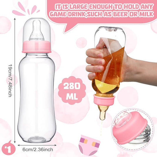 Hushee 6 Sets Funny Plastic Bottle Chug Baby Shower Games Diaper Baby Shower Game Gender Reveal Race Gifts Decoration for Adults Boys Girls (Pink)