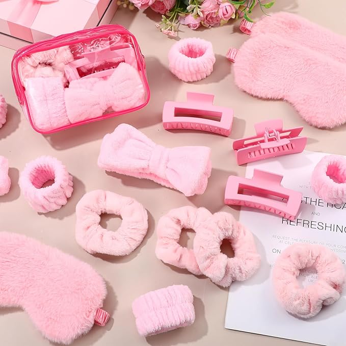 42 Pcs Spa Sleepover Party Supplies Include 6 Sleep Eye Mask 6 Spa Headband 12 Wrist Washband 6 Velvet Scrunchies 6 Hair Claw Clips 6 Clear Cosmetic Bags for Girls Slumber Party Favors Gift