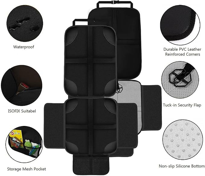 Car Seat Protector for Kids 2 Pack with Non-Slip Function and Seat Side Wings Made of Anti-Stain and Water Proof Durable Oxford and PVC Material Suitable for Most Vehicles