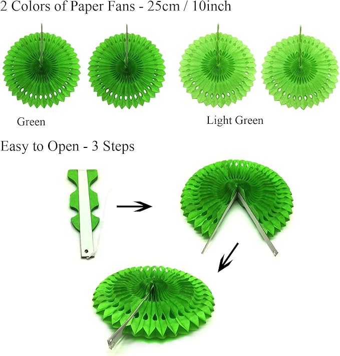 ZERODECO Party Decoration, 21 Pcs Green Hanging Paper Fans, Pom Poms Flowers, Garlands String Polka Dot and Triangle Bunting Flags for Golf Party Dinosaur Birthday Parties Arbor Day