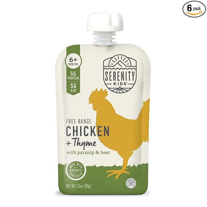 Serenity Kids 6+ Months Baby Food Pouches Chicken & Thyme Puree - BPA-Free Baby Food Puree -Range Chicken & Organic Parsnip & Beet Veggies - 3.5 Oz, 6 Pack