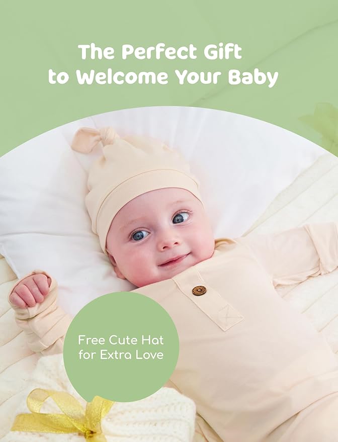 PATPAT Baby Sleeper Gown with Bamboo Viscose for Newborn Girls Boys, Knotted Nightgown with Mittens for Infant Home Coming