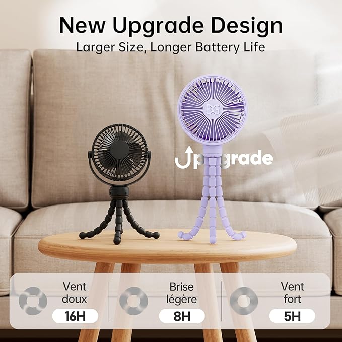 GUSGU Stroller Fan Clip on for Baby, Flexible Tripod & Rechargeable Battery, Small Personal Fan, Mini Portable Fan for Travel, Handheld, Car (Purple)