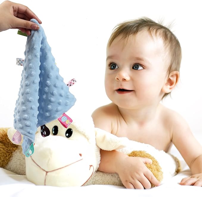 CREVENT Cozy Plush Baby Security Blanket Loveys for Baby Boys, Minky Dot Front + Sherpa Backing with Animal Face (Blue Dinosaur + Tag)