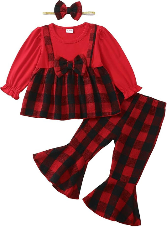 Kucnuzki Toddler Baby Girl Clothes Outfit Long Sleeve Plaid T Shirt Top Flare Leggings Pants 2 Piece Outfit Kids Clothes