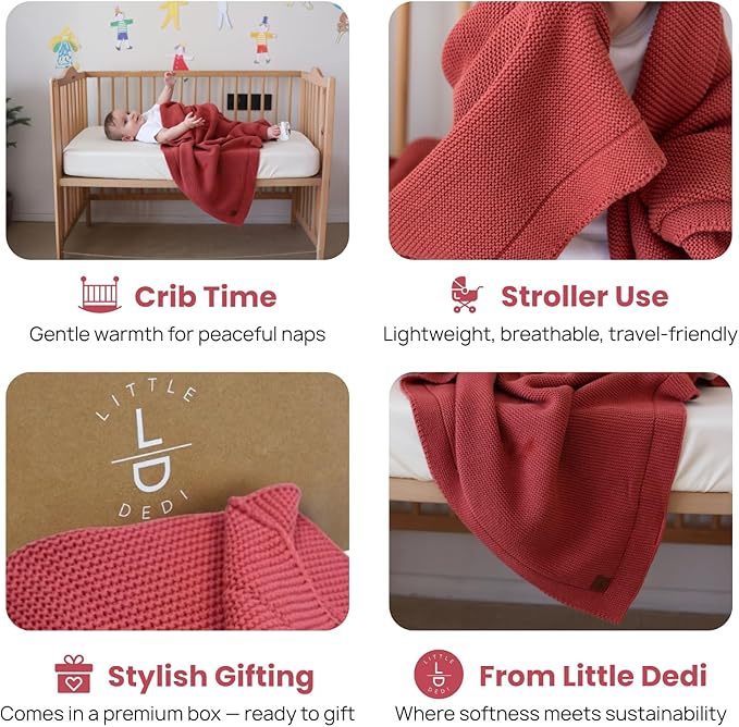 100% Organic Cotton Baby Knitted Blanket with Gift Box - Soft Toddler, Crib, Stroller Blanket - Neutral Swaddle and Receiving Blanket for Newborns, 30"x40", Amberglow