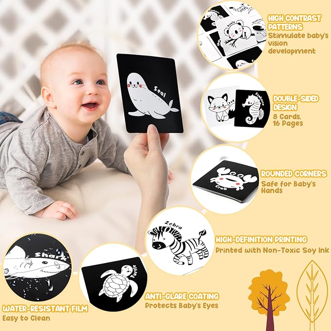 URMYWO Tummy Time Mirror Toys, High Contrast Black and White Baby Toys for Newborn, Baby Boy Girl Gifts, Visual Stimulation Learning Activity Cards, Soft Baby Book, Montessori Infant Toys 0-12 Months