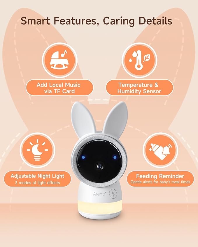 ARENTI Baby Monitor with 2 Cameras, 2K Smart Baby Camera with 5'' Upgraded Wireless Display, Super Night Vision, Breathing Light, Lullabies, Cry&Motion Detection, Temp&Humidity Sensor, 2 Way Audio