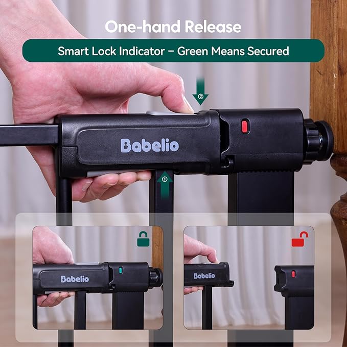 BABELIO Baby Gate for Doorways and Stairs, 41-46" Pet Gate with Wide Walk Thru Door and Lock Indicator, No Drill Pressure Mounted Safety Gate with Double Lock and Self-Closing, Black