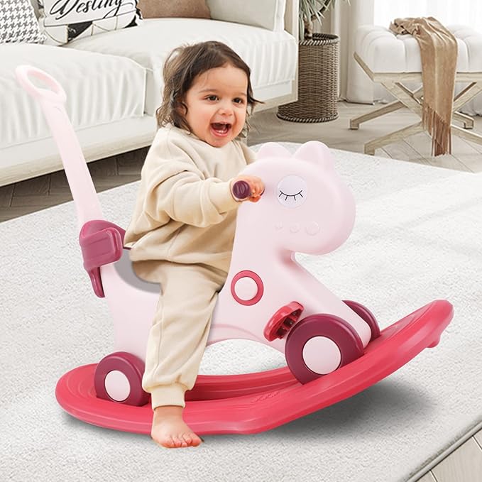 4 in 1 Rocking Horse for Toddlers 1-3 Years Old, Baby Rocking Toy Fun Birthday Gift for 1+ Girls, Ride on Toy with Detachable Balance Board and Footrest，Balance Bike with Push Handle，Pink