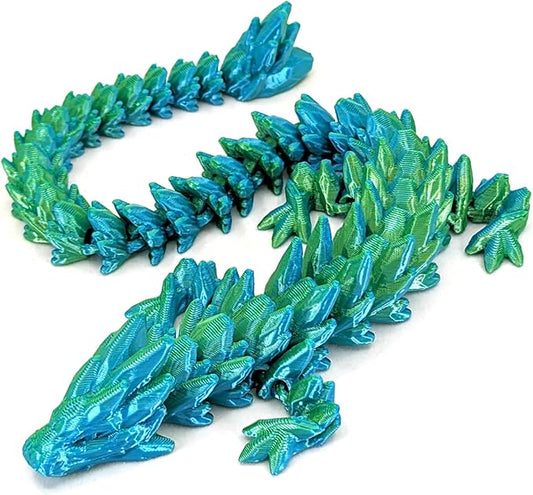 12" Articulated Gem Stone Dragon - New 2024 Ver - Multi Color 3D Printed Plastic Dragon Figure - Rainbow Pearlescent Colors - Interlocked Body Segments and Legs (Medium 12", Cyan Blue Green)