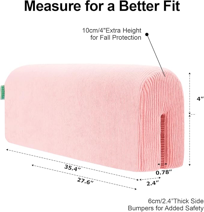 Bed Rail Bumpers Protector, Hospital Bed Rails Padding, Loft Beds and Bunk Beds Bumpers Protector, Premium Soft Memory Foam - Anti-Bump | Fall Prevention, Size 35.4 x 5.5 x 7.9 Inches, Pink