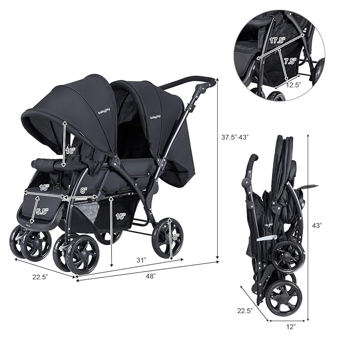 BABY JOY Double Stroller, Foldable Lightweight Twin Stroller with Tandem Seating, Adjustable Backrest/Canopy/Footrest, 5-Point Harness, Storage Basket, Newborn and Toddler (Black)