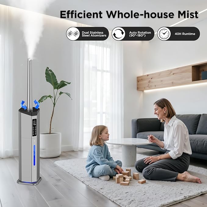 Humidifiers for Bedroom - GloryAir 2.38Gal/9L Dual Atomizers Top Fill Humidifier for Large Room 2000ft² with Auto Rotation 7-Color Light Humidistat Quiet Commercial Humidifiers for Plants Baby Adults