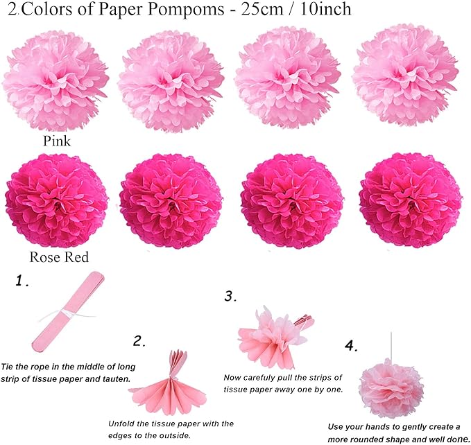 ZERODECO Party Decoration, 21 Pcs Pink Hanging Paper Fans, Pom Poms Flowers, Garlands String Polka Dot and Triangle Bunting Flags for Birthday Parties, Bridal Showers, Baby Showers, Wedding
