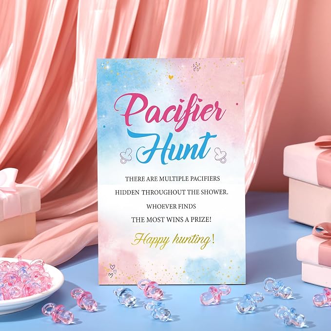 Thyle 51 Pcs Pacifier Hunt Baby Shower Games Include Hunt Sign and 50 Acrylic Pacifiers for Baby Shower Game Decoration Gift Sets Gender Reveal Party Decor(Gender Reveal)