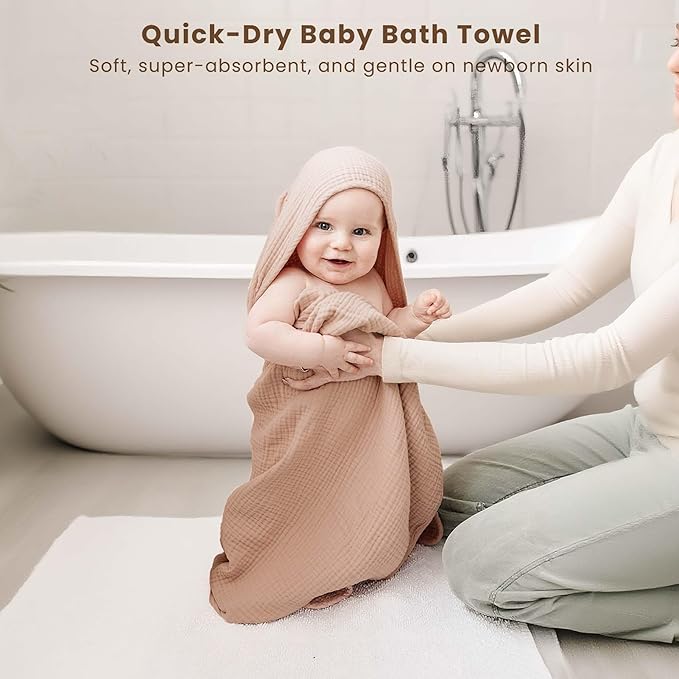 Konssy 2-Pack Muslin Hooded Baby Towels, 100% Cotton, Ultra-Soft & Absorbent Baby Bath Towels with Hood for Newborn & Infant (Taupe,Soft Blooms,30" x 30")