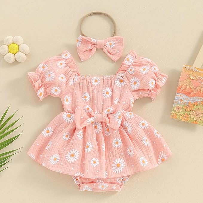 Baby Girls Floral Cotton Leotard Romper Newborn Daisy Playsuits Ruffled Sleeve Onesie Infant Jumpsuit Clothes Headband