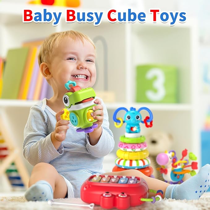 4 in 1 Baby Toys for 6 to 12 to 18 Months, Infant Sensory & Stacking for 1+ Year Old, Busy Cube Toys for Babies 6 - 12 Months, Piano Xylophone Musical Travel Toys, Christmas Birthday Gifts for 1 - 2
