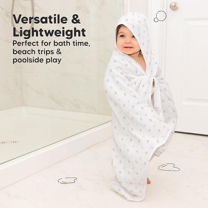 KeaBabies Muslin Baby Bath Towels with Hood for Girls, Boys, Large Organic Cotton Hooded Baby Towels for Newborns, Toddlers, Infant, Kids, Soft Absorbent Newborn Bath Essentials Gift Set (Petunia)