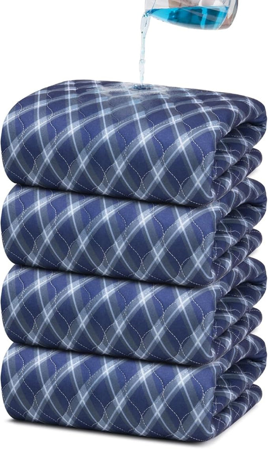 Non-Slip Bed Pads for Incontinence Washable (34" x 36"|4 Pack), Waterproof Bed Pads, Navy Blue Grid, Bed Wetting Pads for Bed, Sofa, Floor, Resuable Underpads for Adults, Seniors, Pet