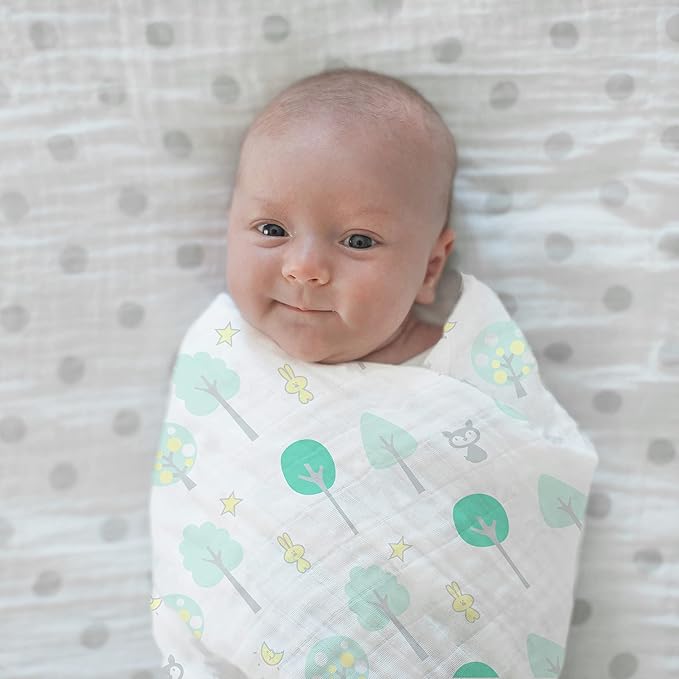 SwaddleDesigns Cotton Muslin Swaddle Blanket, Receiving Blanket for Boys & Girls, Best Shower Gift, 46x46 inches, Green Woodland