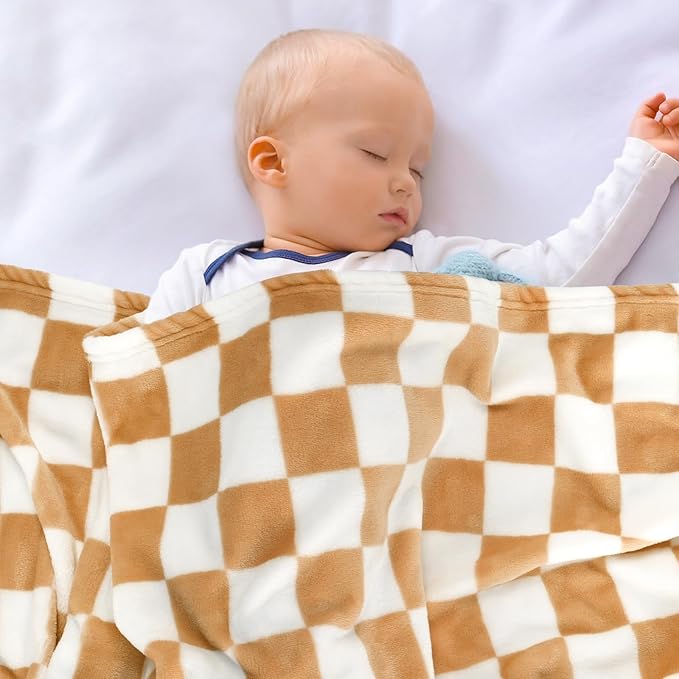 Plush Checkered Baby Blanket for Boys Girls Nursery, 30"*40" Warm Short Fleece Blanket Neutral for Infant Newborn, Small Fuzzy for Sleeping, Chenille Baby for Stroller (Orange&White)