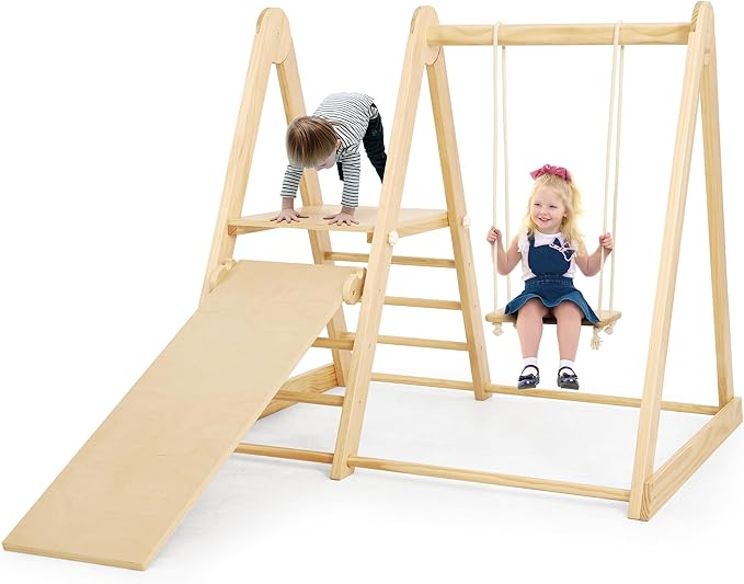 Multifunctional Indoor Jungle Gym for Toddlers - Wooden Montessori Climbing Set with Slide, Swing, Ladder, Play Platform, Climbing Toy for Toddler 1-6, Indoor Playground Playset Gift for Kids