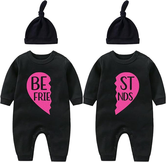 YSCULBUTOL Baby Twins Bodysuit Born Together Friends Forever Newborn Clothes Unisex Twin Outfits With Hat