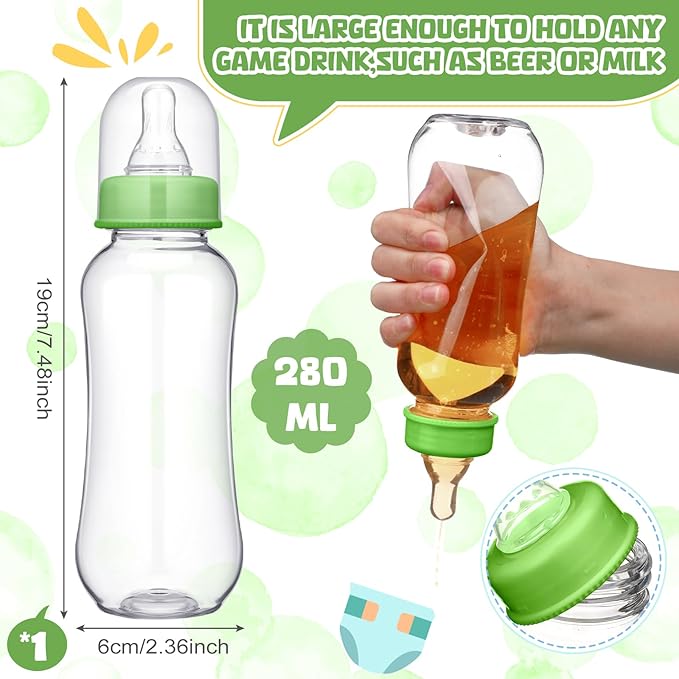 Hushee 12 Sets Funny Plastic Bottle Chug Baby Shower Games Diaper Baby Shower Game Gender Reveal Race Gifts Decoration for Adults Boys Girls (Green)