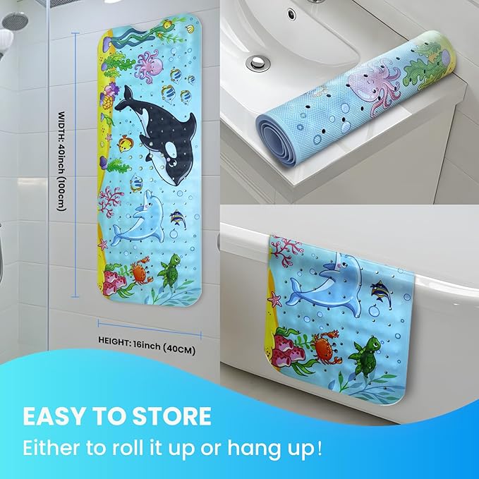 Linoows Baby Bath Tub Mat, 40 x 16 Inch Extra Large Non Slip Kids Cartoon Bathtub Shower Mats with Suction Cups & Drain Holes, Machine Washable for Bathroom, Undersea Whale & Dolphin