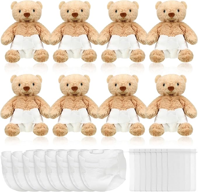 8 Sets Brown Bear Blindfolded Diaper Changing Baby Shower Games Flip Cup Games Prizes 8 Plush 8 Diapers 8 Gift Bags for Baby Shower Gender Reveal Raffle Party Game