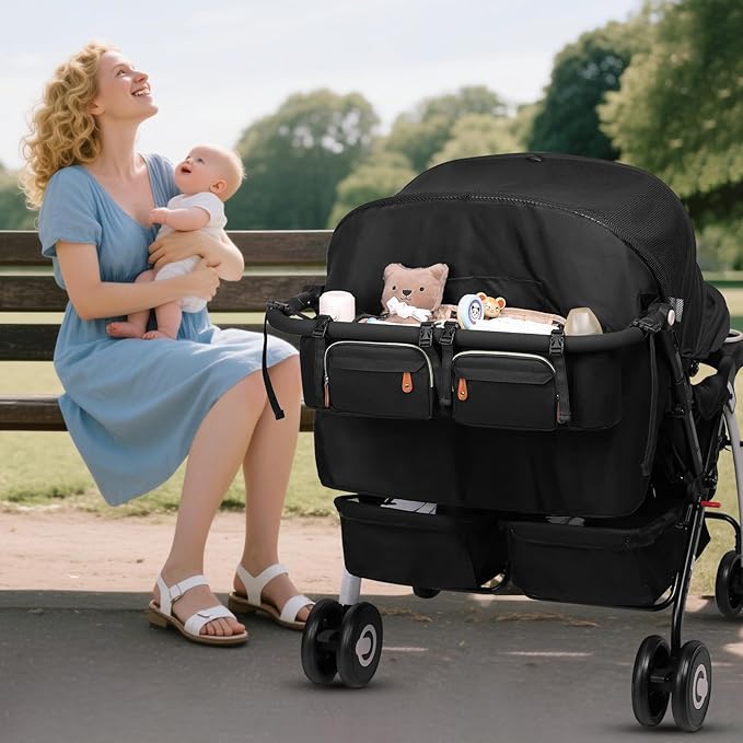 Double Stroller Organizer for Bob Duallie and Baby Jogger City Mini GT2, Double Stroller Caddy Organizers with Cup Holder and 2 Cooler Pockets Parent Console Double Stroller Accessories