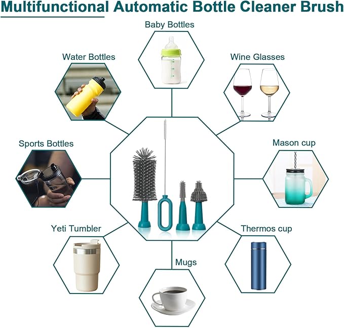 Electric Baby Bottle Brush Cleaner with Extended Handle & Drying Holder, Baby Bottle Brush Set with Silicone Bottle/Nipple/Crevice/Brush,Straw Cleaner,Lifesaver Automatic Bottle Cleaner，Green