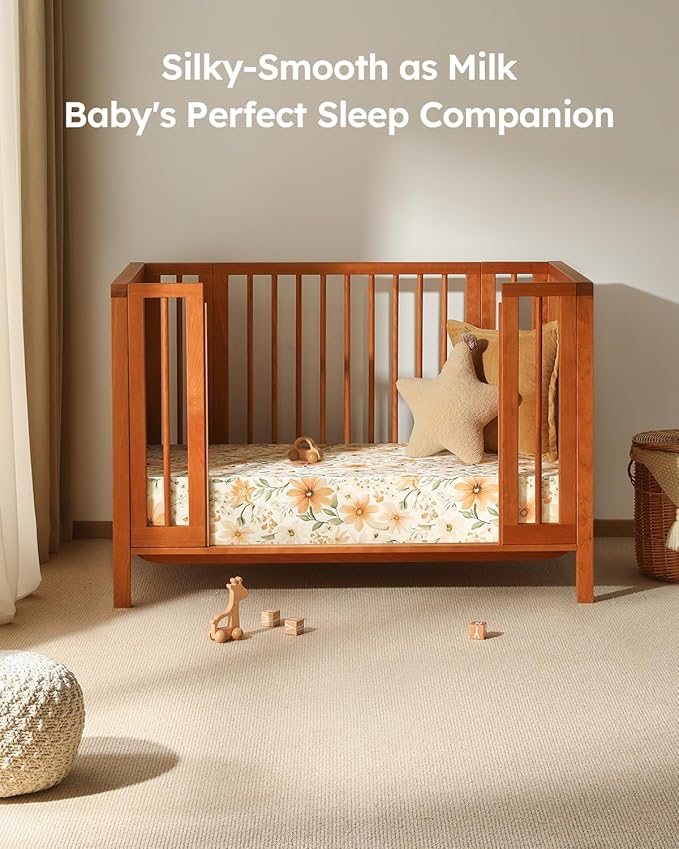 Baby Crib Sheets for Boys Girls, Fitted Crib Sheet Neutral 3 Pack for Standard Crib and Toddler Mattress, Breathable Soft Microfiber Baby Sheet 28x52x8in Orange Flowers & Plaid